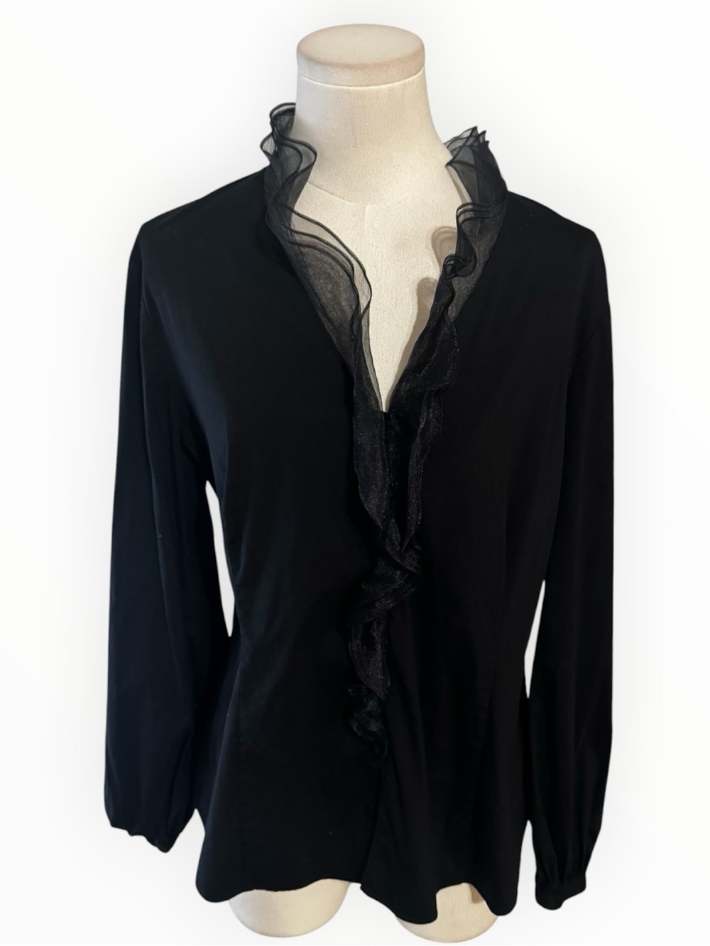 LAFAYETTE 148 New York Black Top Sheer Ruffle Detail Button Up Classic Party 12